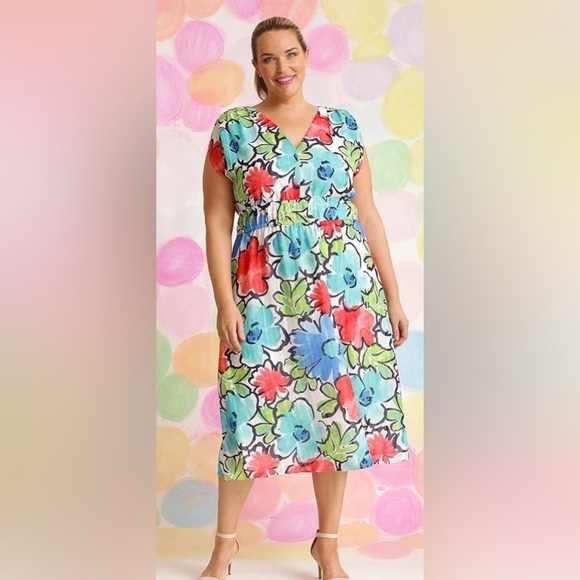 Maggy London Dresses & Skirts - MAGGY LONDON White Floral Print V-Neck Stretch Waist A-Line Midi Dress 24W. New